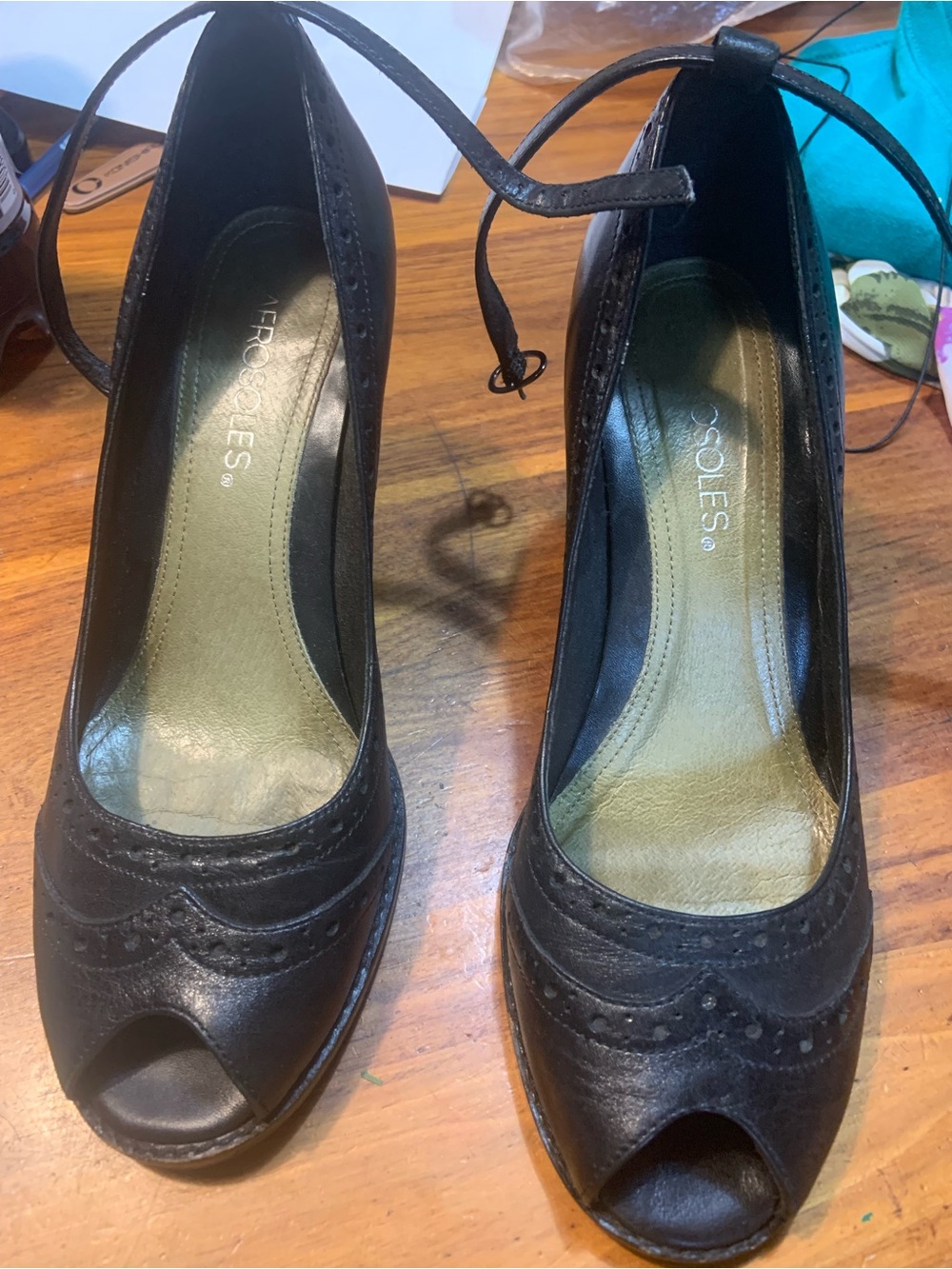 AEROSOLES Black Peep-Toe Ankle-Strap Brogue Pumps